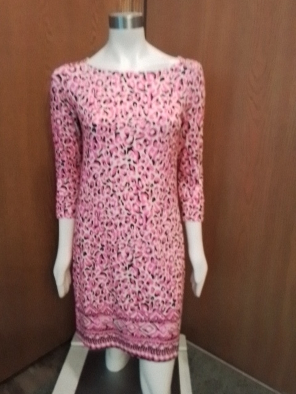 Lilly Pulitzer Hot Pink and Black Leopard Print Boatneck Midi Dress, M.